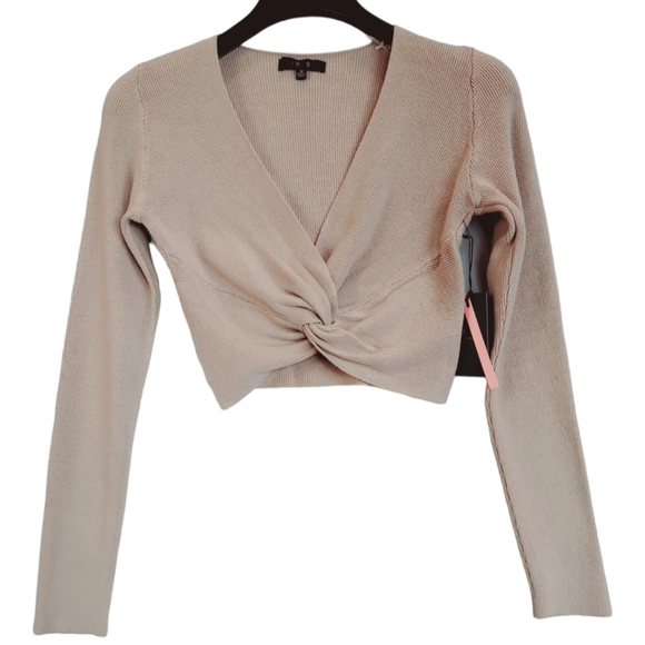 iris Sweaters - Women's Crop Sweater Taupe Knot Front Cropped V Neck Long Sleeve New